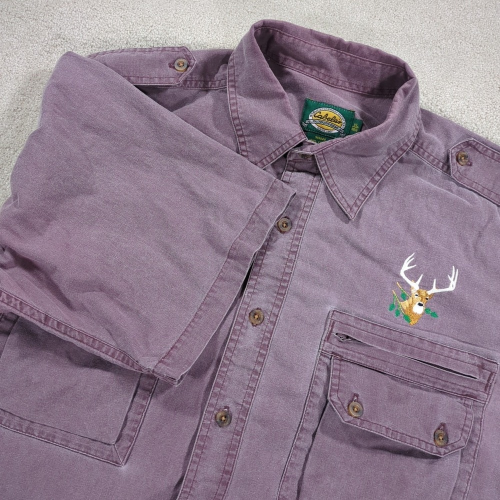 Vintage Cabelas Red‎ Embroidered Buck Deer Whitetail S/S Button Shirt XL